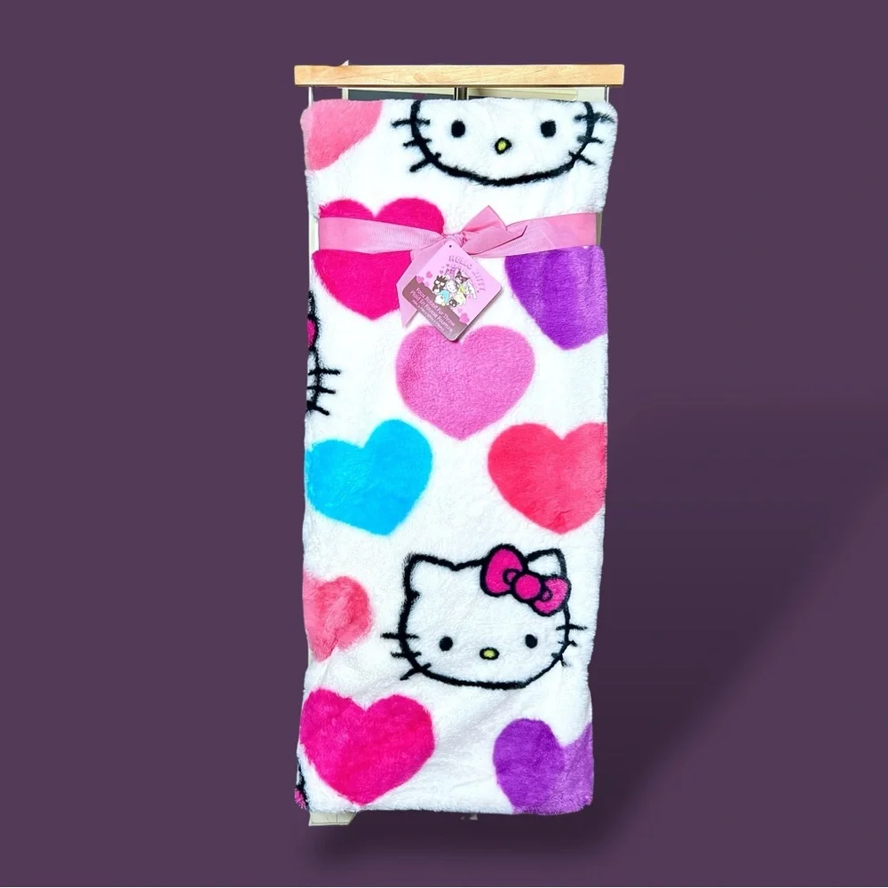Hello Kitty Candy White Purple Pink Hearts Plush Faux Throw Blanket 50”x 70”